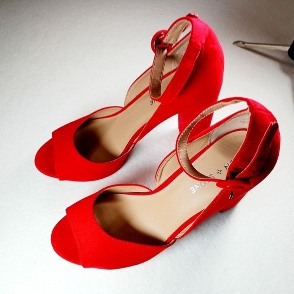 Sun + Stone Ankle Strap Platform Block Heel Sandals Women's Size 9 Red - Picture 4 of 6